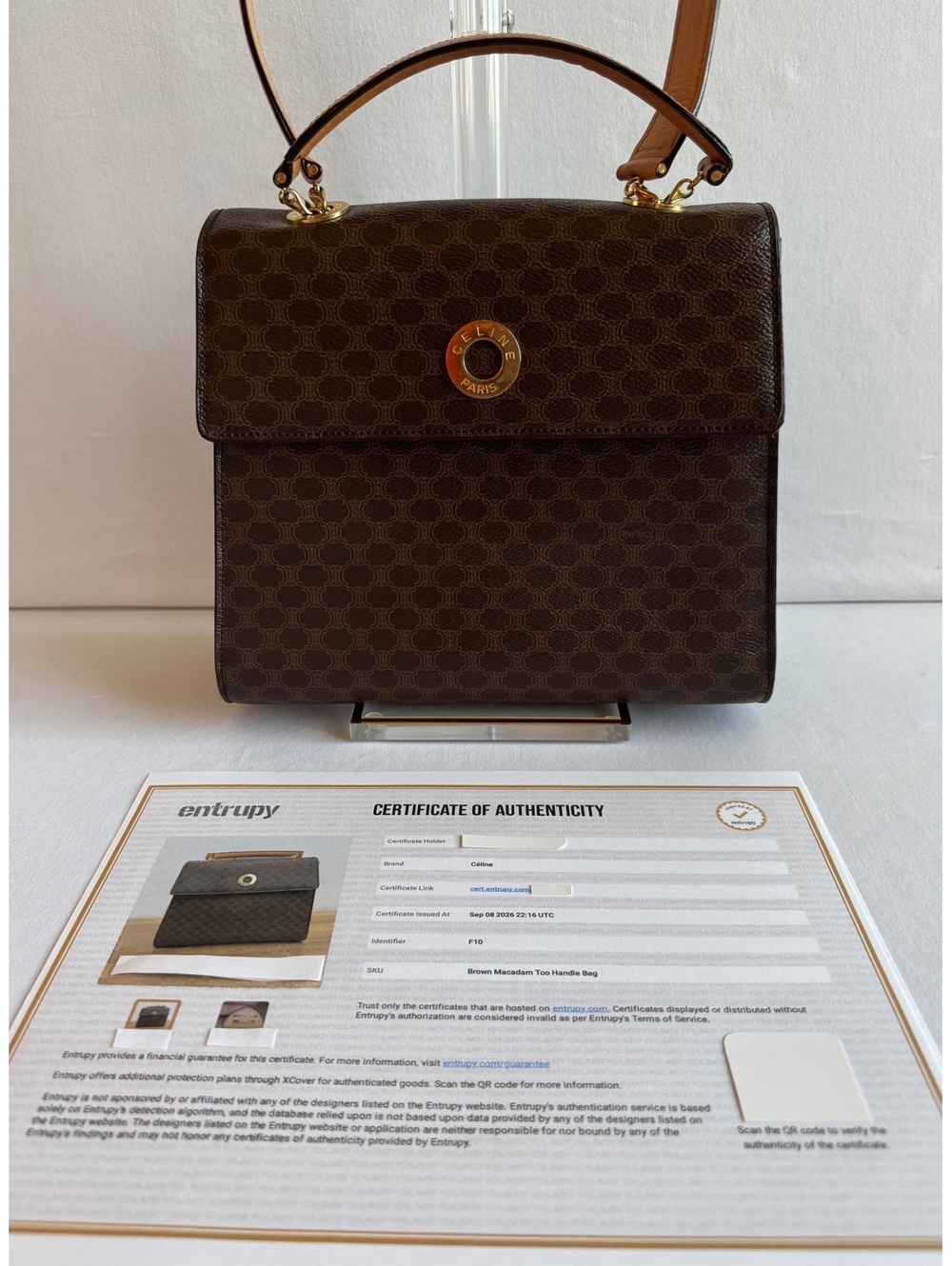CÉLINE Vintage Brown Macadam Canvas Top Handle Shoulder Bag Entrupy Auth